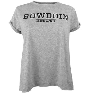 Heather grey tee with rolled sleeves and BOWDOIN over EST. 1794 imprint.