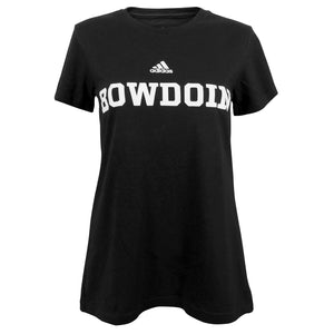 Black short-sleeved women's tee with white BOWDOIN imprint on chest and small Adidas logo over imprint.