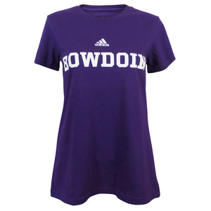 Purple short-sleeved women's tee with white BOWDOIN imprint on chest and small Adidas logo over imprint.