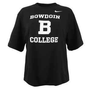 Black loose boxy tee with white chest imprint of BOWDOIN over B over COLLEGE