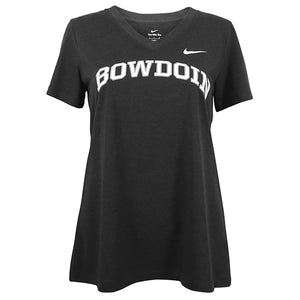 Heather black V-neck women's short-sleeved tee with white BOWDOIN with silver stroke arched imprint on chest.
