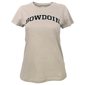 Women's light beige short sleeved tee with white arched BOWDOIN with black outline on chest.