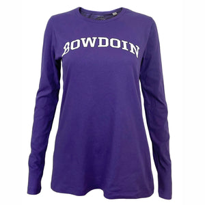 Women's purple long-sleeved tee with white arched BOWDOIN chest imprint with black outline.
