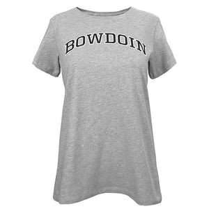 Women's oxford grey tee with arched Bowdoin imprint on chest in black with white stroke.