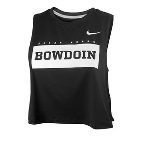 Black cropped tank top with white imprint. Nike Swoosh on left shoulder. Chest print of POLAR BEARS in small print over large white rectangle enclosing the word BOWDOIN in black. 