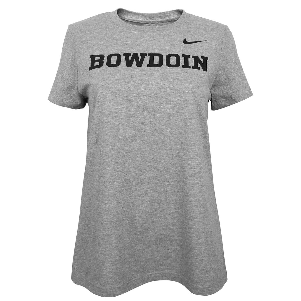 Women's heather grey short sleeved T-shirt with black Nike Swoosh on left shoulder and black BOWDOIN imprint across chest.