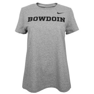 Women's heather grey short sleeved T-shirt with black Nike Swoosh on left shoulder and black BOWDOIN imprint across chest.