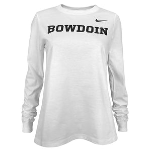 Women's white long-sleeved tee with black imprint of Nike Swoosh on left shoulder and black BOWDOIN imprint on chest.