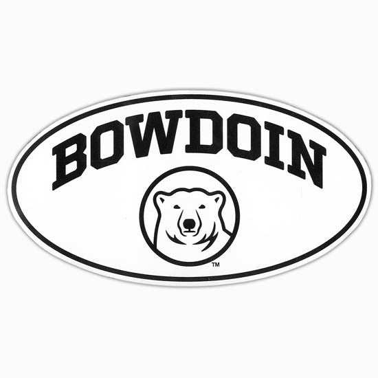 Euro-style decal in white with black border. The imprint is BOWDOIN arched over the polar bear medallion.