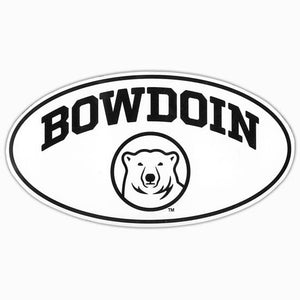 Euro-style decal in white with black border. The imprint is BOWDOIN arched over the polar bear medallion.