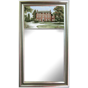 Rectangular mirror with silver frame. Top has a color print of a drawing of Mass hall.