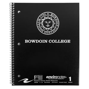 Black spiral bound notebook with white imprint of Bowdoin sun seal over BOWDOIN COLLEGE.