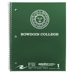 Dark green spiral bound notebook with white imprint of Bowdoin sun seal over BOWDOIN COLLEGE.