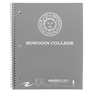 Grey spiral bound notebook with white imprint of Bowdoin sun seal over BOWDOIN COLLEGE.