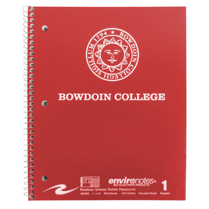 Red spiral bound notebook with white imprint of Bowdoin sun seal over BOWDOIN COLLEGE.