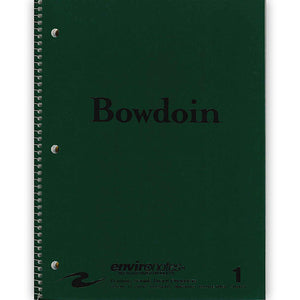 Forest green notebook with black Bowdoin wordmark on cover.