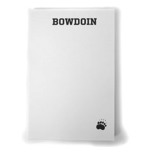 Unlined white notepad with BOWDOIN printed across the top and a small black paw print in the bottom right corner of each sheet.