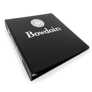 Black 3-ring binder with white imprint of Bowdoin seal over Bowdoin wordmark on front, and Bowdoin seal beside Bowdoin wordmark on spine.