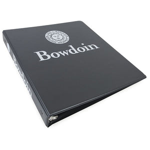 Charcoal grey 3-ring binder with white imprint of Bowdoin seal over Bowdoin wordmark on front, and Bowdoin seal beside Bowdoin wordmark on spine.