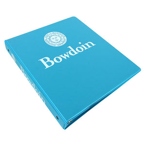Tropical blue 3-ring binder with white imprint of Bowdoin seal over Bowdoin wordmark on front, and Bowdoin seal beside Bowdoin wordmark on spine.