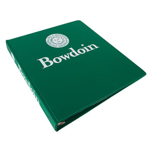 Deep green 3-ring binder with white imprint of Bowdoin seal over Bowdoin wordmark on front, and Bowdoin seal beside Bowdoin wordmark on spine.