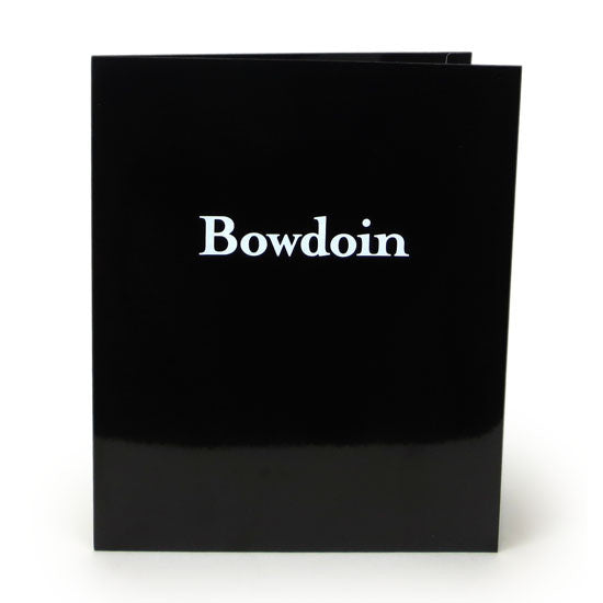 Black laminated folder with white Bowdoin imprint.