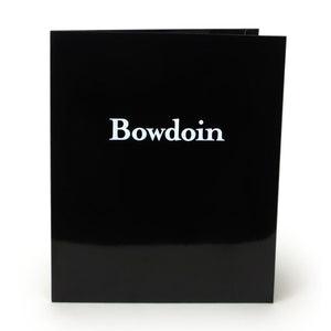 Black laminated folder with white Bowdoin imprint.