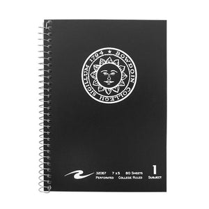 Black spiral notebook with white Bowdoin College seal on front cover.
