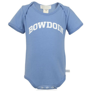 The front of a blue diaper shirt with the word BOWDOIN imprinted in an arch on the chest in white.