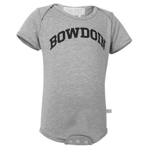 The front of a heather gray diaper shirt with the word BOWDOIN imprinted in an arch on the chest in black..