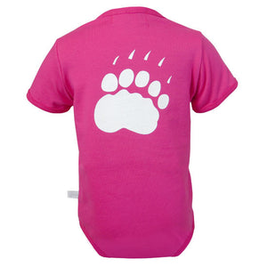 The back of a pink diaper shirt showing a large polar bear paw print in white.