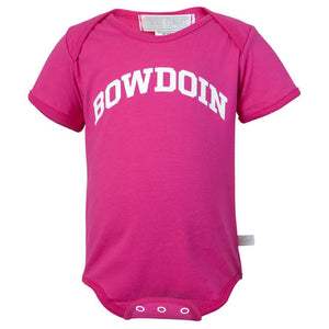The front of a pink diaper shirt with the word BOWDOIN imprinted in an arch on the chest in white.