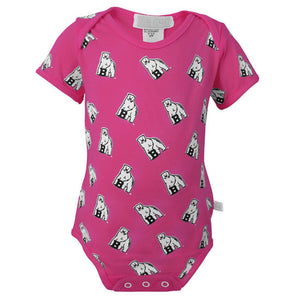 Fucshia pink diaper shirt with all-over Bowdoin mascot print.