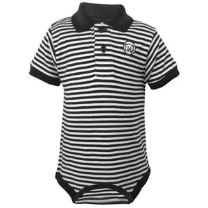 Diaper shirt with black trim and black polo collar with black and white stripes and an embroidered Bowdoin polar bear mascot medallion patch on the left chest.