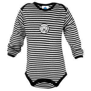 Long-sleeved bodysuit with narrow black and white stripes and black trim. Black and white embroidered mascot medallion patch on chest.