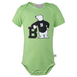 Pastel green diaper shirt with large chest imprint of cartoon polar bear wearing a black B sweater, leaning on a large black B.
