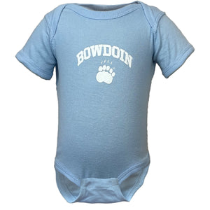 Sky blue diaper shirt with snap crotch closure and white arched BOWDOIN over paw chest imprint.