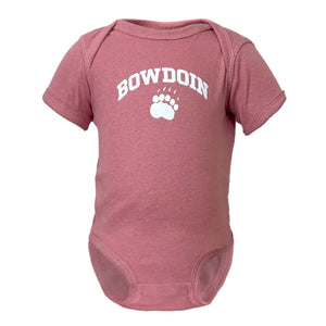 Orchid pink diaper shirt with snap crotch closure and white arched BOWDOIN over paw chest imprint.