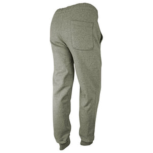 Rear view of gray sweatpants showing pocket on right hip.