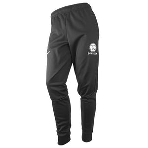 Black tapered sweatpants with white imprint of mascot medallion over BOWDOIN on upper left leg and white Nike Swoosh on upper right leg.