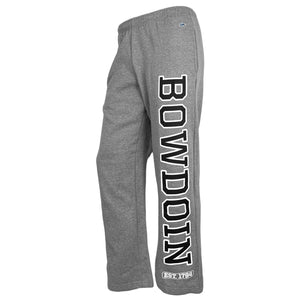 Heather grey open cuff sweatpants with large imprint of BOWDOIN on the left leg in black with white outline. A small white print of EST. 1794 is horizontally placed under the N in Bowdoin.