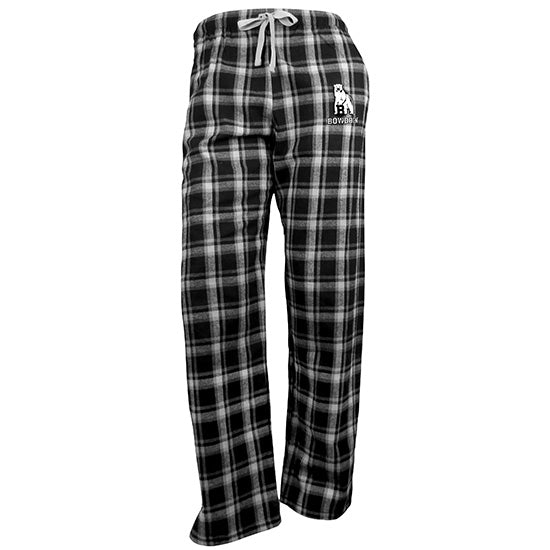 Black and grey plaid pants with grey drawstring. Bowdoin polar bear mascot on left hip.