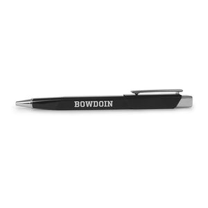 Black retractable pen with engraved BOWDOIN on barrel, metal tip and clicker.