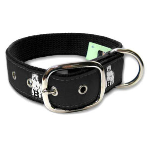 Buckled dog collar with black silk ribbon facing woven with repeating Bowdoin polar bear mascots.