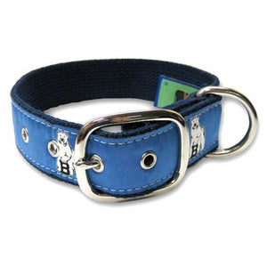 Buckled dog collar with blue silk ribbon facing woven with repeating Bowdoin polar bear mascots.