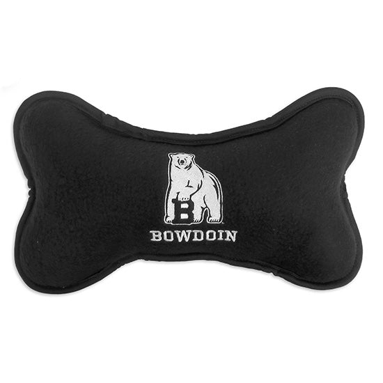 Black fleeced bone-shaped dog toy with embroidered white polar bear mascot over BOWDOIN.