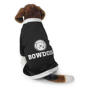 Plush toy dog wearing black mesh jersey with white trim and white back imprint of mascot medallion over BOWDOIN.