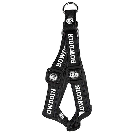 Black nylon webbing dog harness with black ribbon decoration with white repeating BOWDOIN and mascot medallion.