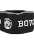 Open fabric dog bowl, in black with white repeating BOWDOIN and polar bear medallion imprint. Grey piping around top.