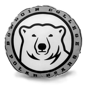 Round white pillow with imprint of mascot medallion surrounded by words BOWDOIN COLLEGE POLAR BEARS